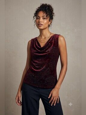 Vintage 90s Y2K Nicola Red Floral Burnout Velvet Cowl Neck Tank Top L Whimsigoth